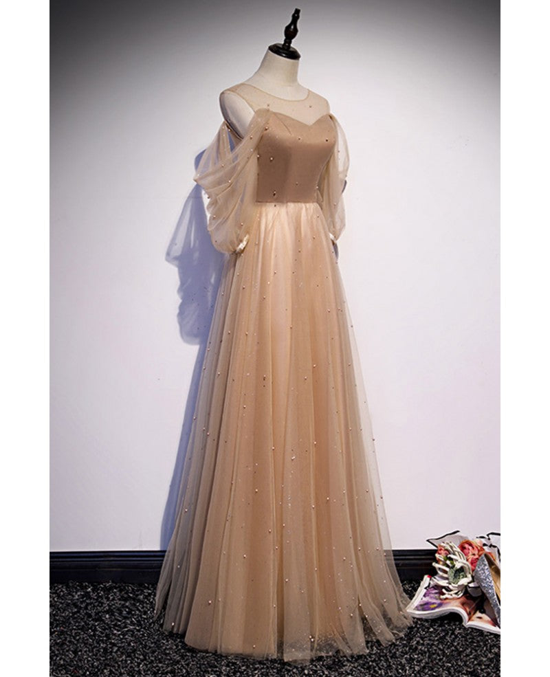 Vestido de fiesta elegante y elegante con cuentas color champán, manga larga, hombros descubiertos, corte princesa, corte en A color champán, tirantes al descubierto y largo hasta el suelo.